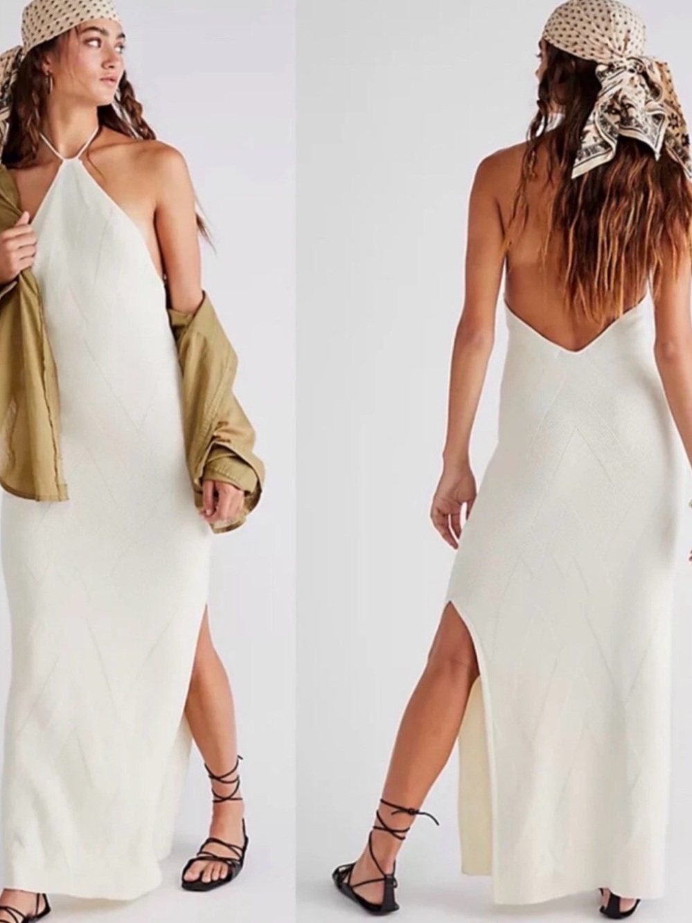 Free People Ivory Halter Knit Maxi Dress with Side Slit Open Back Boho Granola